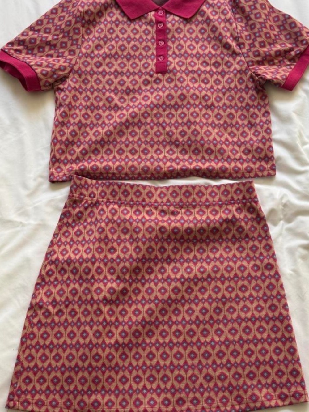 Like An Angel Pink Geometric Polo Top & Mini Skirt Set — M